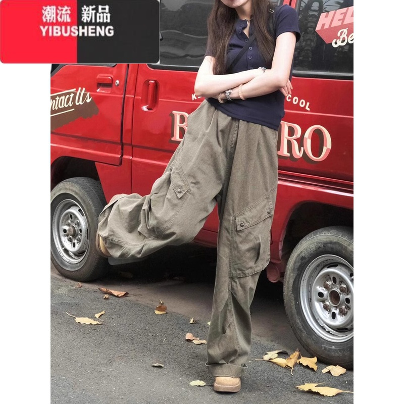 YIBUSHENG美式高街复古工装裤牛仔裤女季高腰宽松阔腿休闲裤直筒裤长裤子