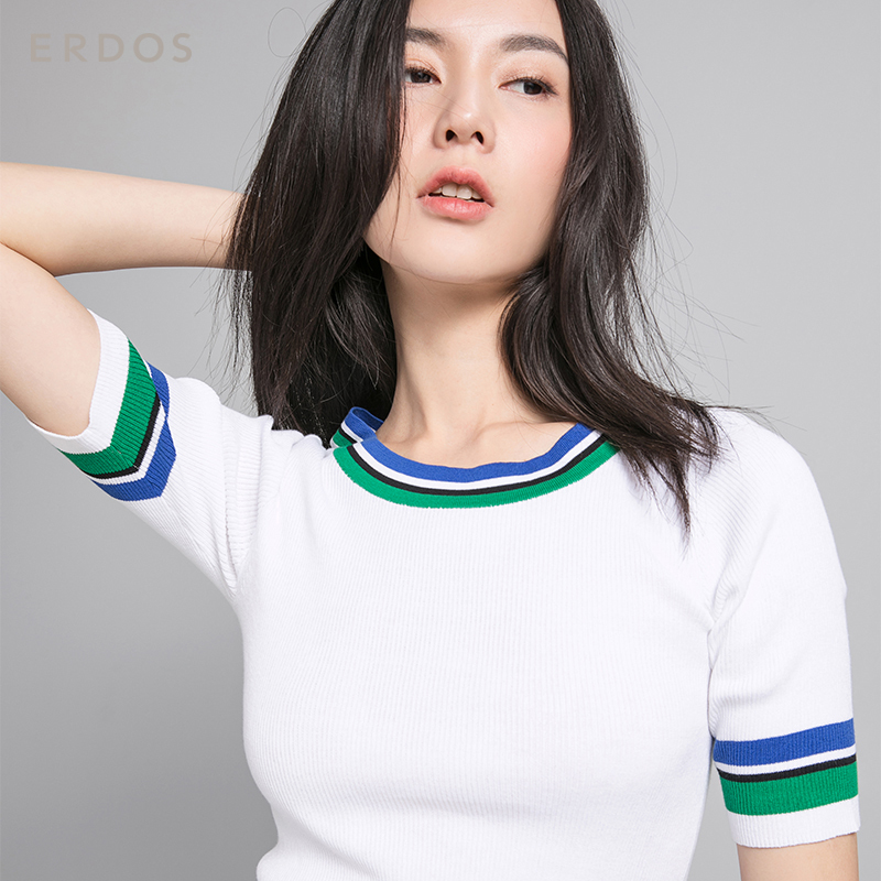 鄂尔多斯ERDOS 春夏女装撞色条纹圆领螺纹半袖纯棉针织衫女