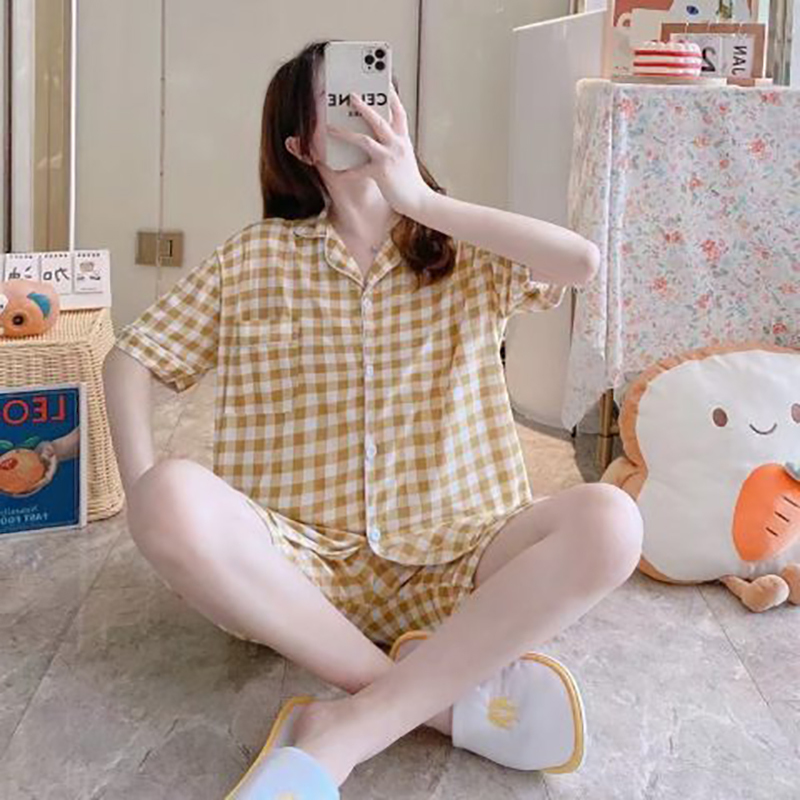 ins夏季睡衣女慵懒风卡通甜美开衫短袖短裤学生两件家居服套装莎丞