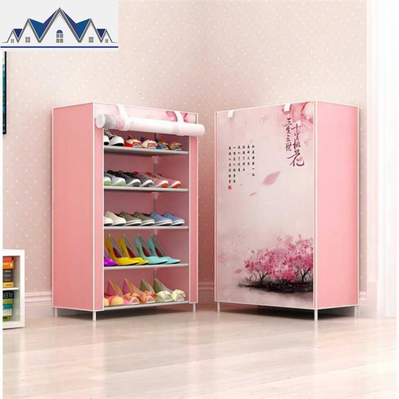 多层全景简易鞋柜 防尘带布罩收纳鞋架 多规格可自由拆装 三维工匠收纳柜 6层十里桃花.5层