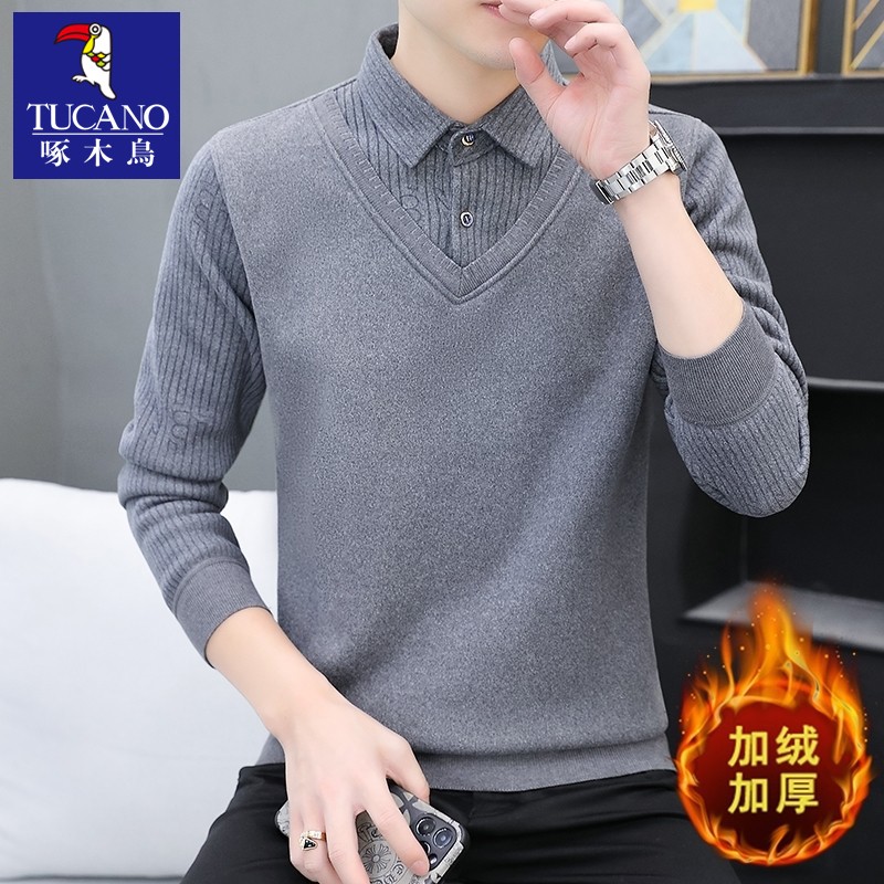 啄木鸟加绒加厚毛衣男士假两件2024新款冬季衬衫领保暖针织打底底 4XL适合165斤-180斤穿 灰色826加绒加厚
