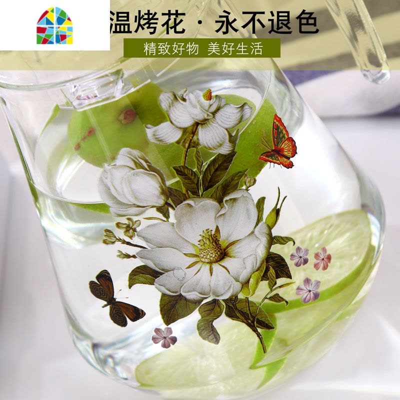 家用玻璃水壶可高温凉水壶创意水杯套装透明大容量网红印花冷水壶 FENGHOU 繁花见鸭嘴壶单壶图片