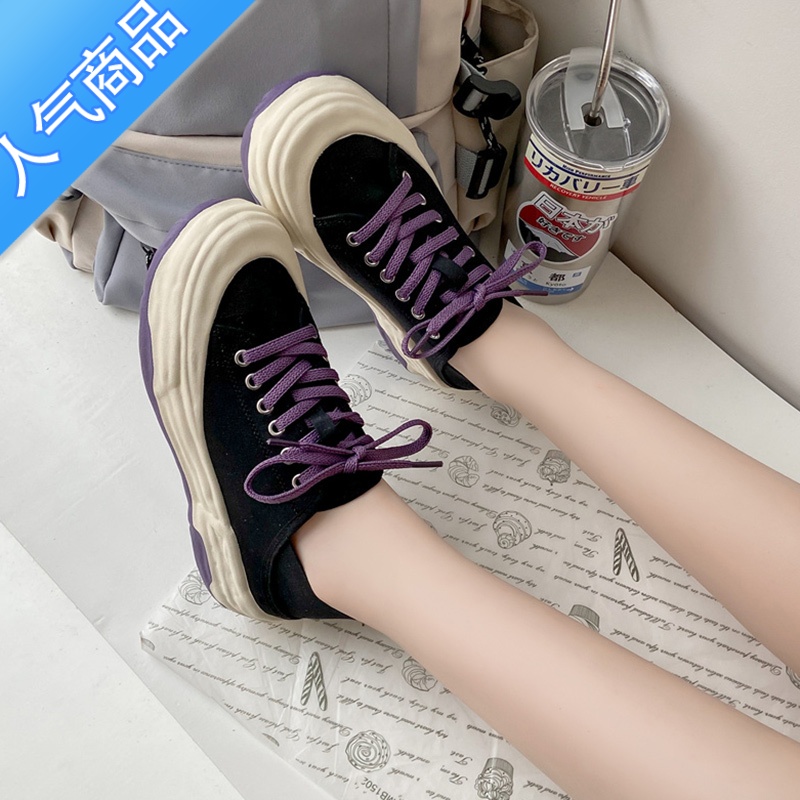 SUNTEK紫色帆布鞋女2023春夏薄款厚底小白板鞋两穿半拖大头面包单鞋 黑色 35