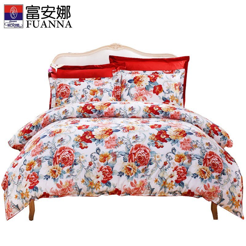 富安娜(FUANNA)家纺全棉床上四件套床品1.8m床纯棉被套床上用品 轻纱蔓舞