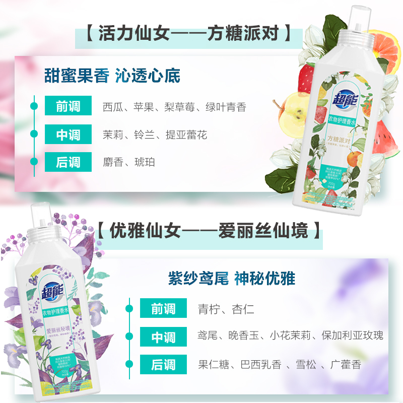 超能衣物护理香水700g*2瓶柔顺护衣持久留香30天抑菌防静电非洗衣液爱丽丝秘境方糖派对