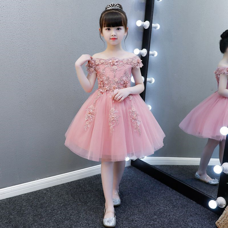 迪鲁奥diluao一字肩女童婚纱蓬蓬纱粉色小孩儿童生日礼服公主裙花童