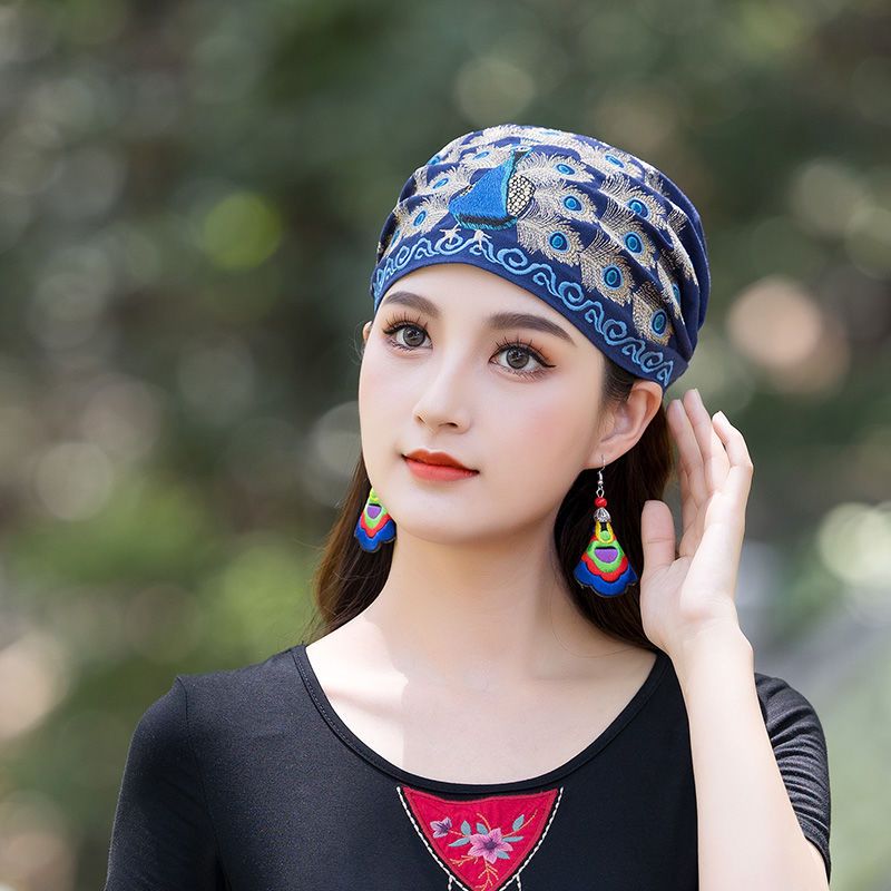 新款民族风绣花帽子百搭棉麻薄款头巾帽子女系带松紧带头饰女帽子孔雀