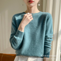 无缝一线成衣针织衫女圆领套头宽松打底衫春季新款纯色毛衣女 XL 湖蓝色