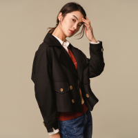 恒源祥小个子短款风衣女2024秋季翻驳领气质设计感通勤夹克外套 160/S 黑色