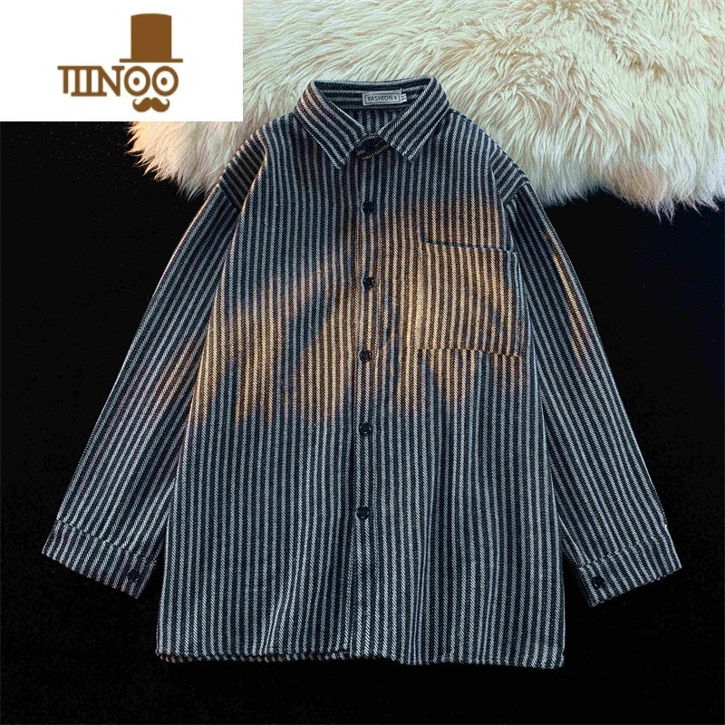 YANXU条纹vintage衬衫古着感男韩版长袖衬衣服日系cityboy外套潮