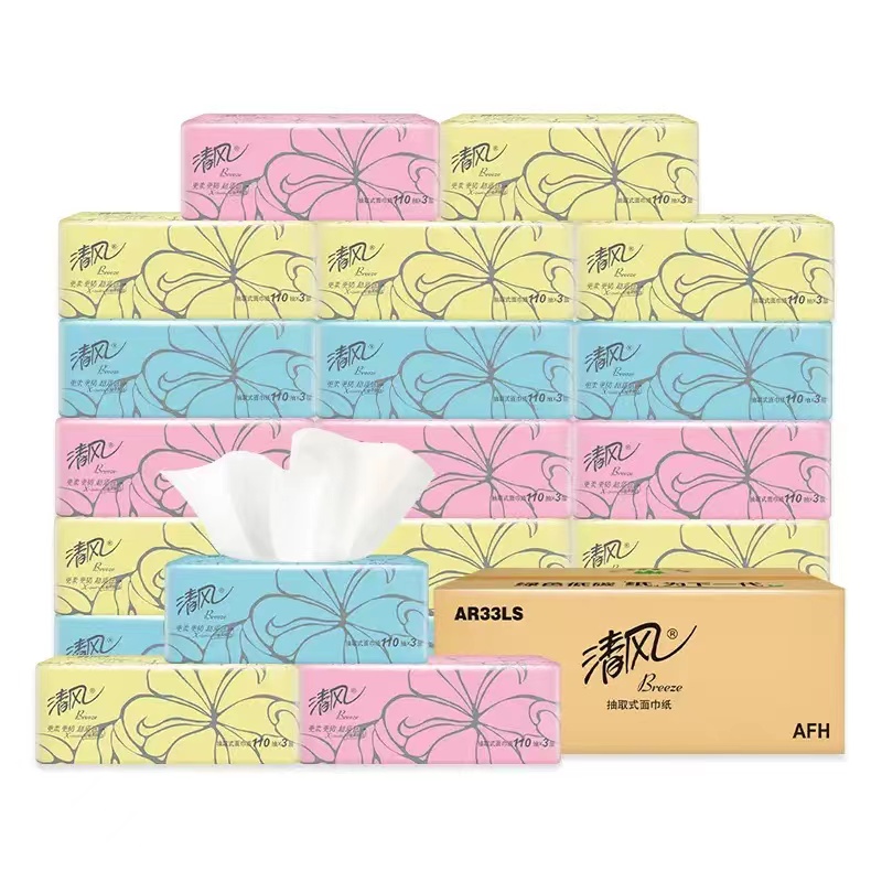 清风 三层110抽超质感抽纸三包一提8提整箱装