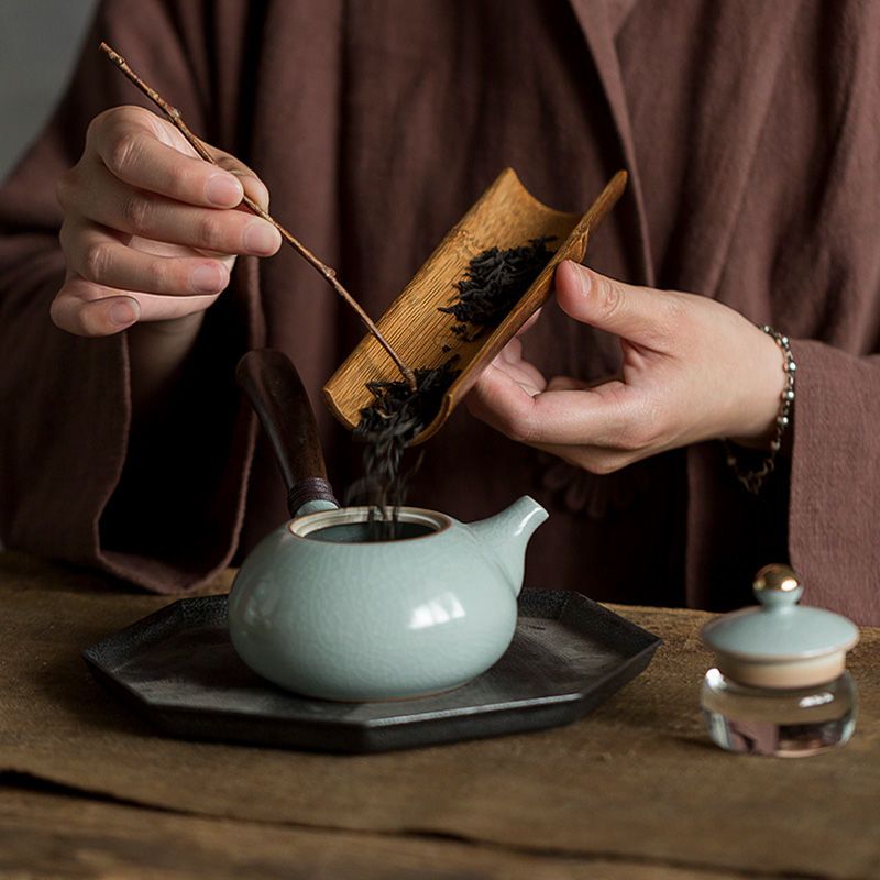 苏宁放心购汝窑手工侧把壶 木柄日式茶壶家用泡茶器陶瓷简约功夫茶具单壶