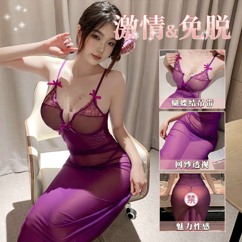 九里晴川蕾丝深V连衣裙性感纯欲风蝴蝶结吊带深V蕾丝透肤露背睡裙_897高清大图