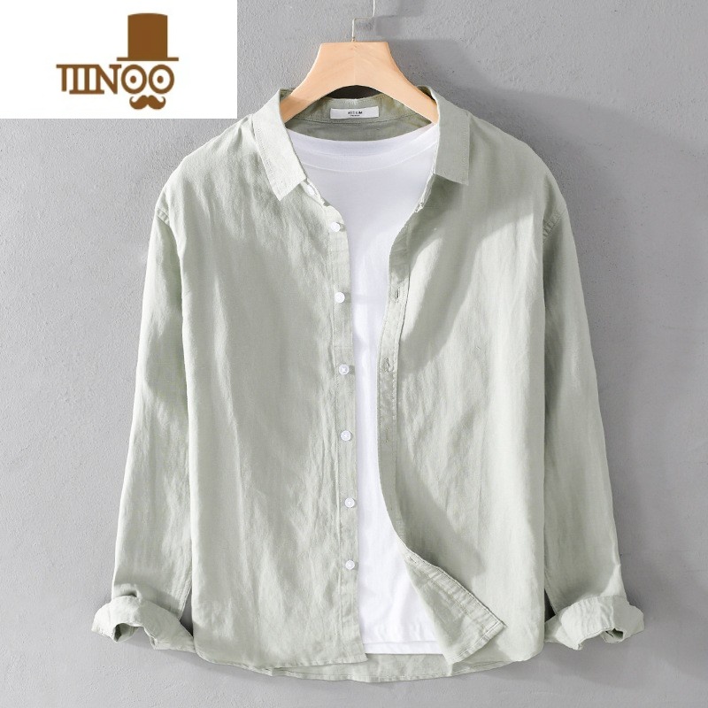 YANXU日系休闲棉麻衬衫透气深蓝色文艺简约百搭男长袖亚麻薄款宽松上衣高清大图