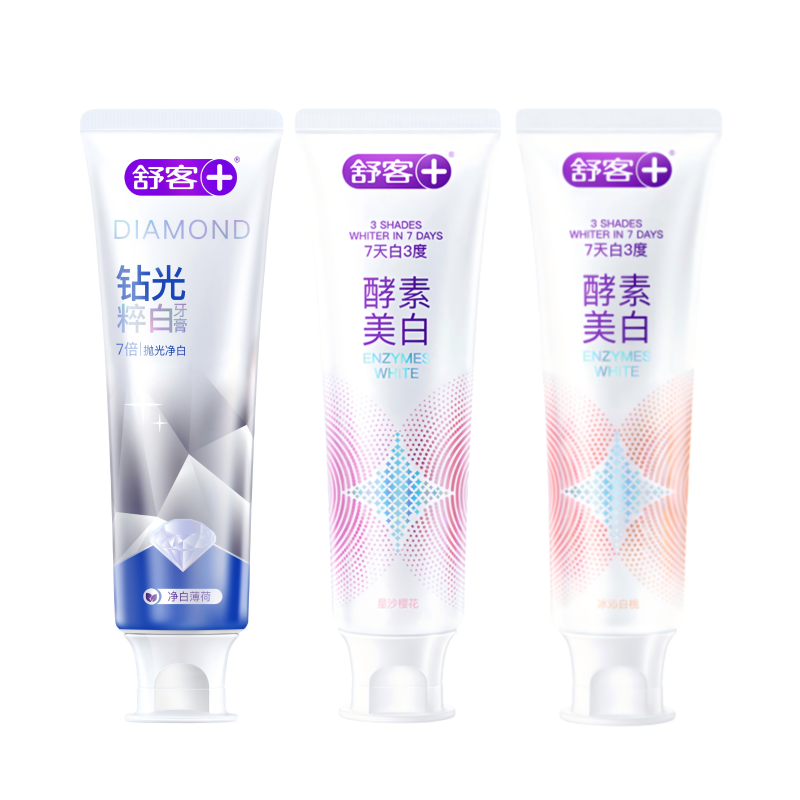 舒客钻光粹白牙膏(净白薄荷香型)120g+ 舒客酵素美白牙膏(星沙樱花)120g+舒客酵素美白牙膏(冰沁白桃)120g
