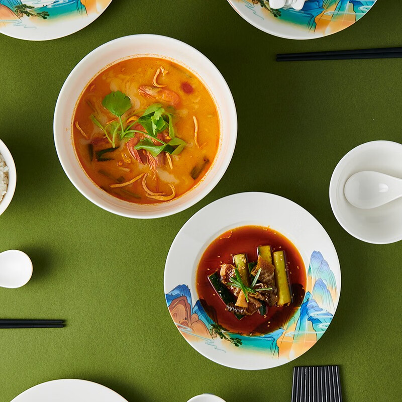 唯都 碗碟套装家用陶瓷餐具整套碗盘套餐 国风千里江山餐具32头 W-CJ3321高清大图