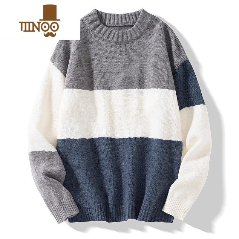 YANXU日系复古拼色条纹圆领毛衣男美式软糯宽松保暖针织情侣毛线衣 上灰色 XL
