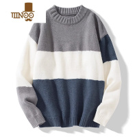 YANXU日系复古拼色条纹圆领毛衣男美式软糯宽松保暖针织情侣毛线衣