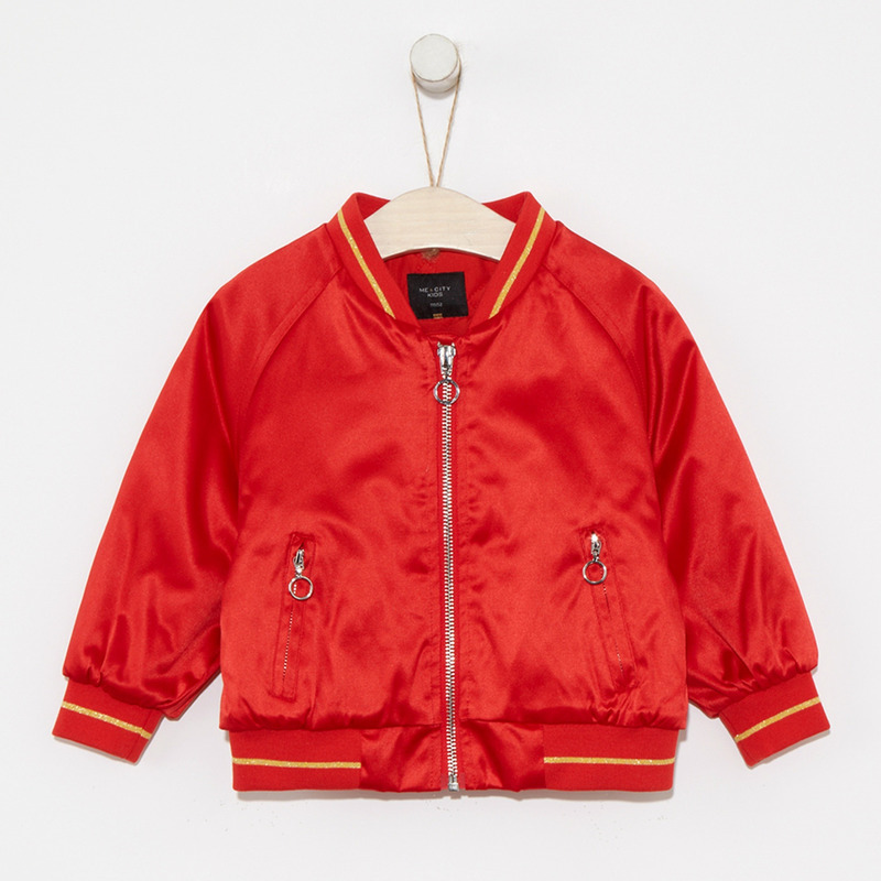 【2件2折价:41】米喜迪mecity童装女童棉服嘴唇双翻珠片棒球领棉服 罂粟红 110/56