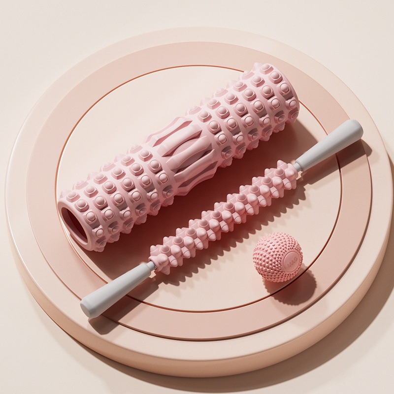 米奇喵泡沫轴狼牙棒瑜伽柱滚背肌肉筋膜放松按摩器EVA琅琊小腿塑形滚轴瑜伽柱粉色30厘米+按摩棒+筋膜球