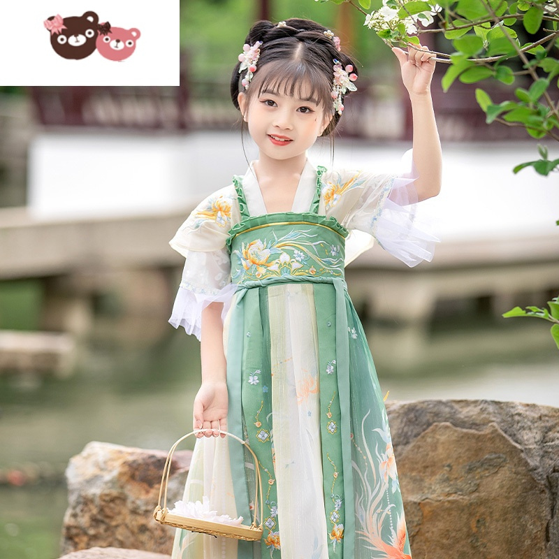 绿彩虹光汉服女童夏季薄款短袖唐装襦裙超仙夏款中国风儿童新款公主童装女裙子