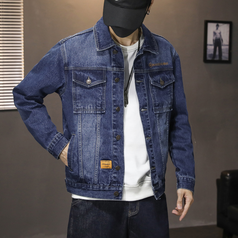 吉普战车2021年秋冬新款帅气中青年牛仔服男士棉质时尚绣花韩版修身男士牛仔服长袖翻领大码牛仔衣男士夹克外套男装上衣潮款