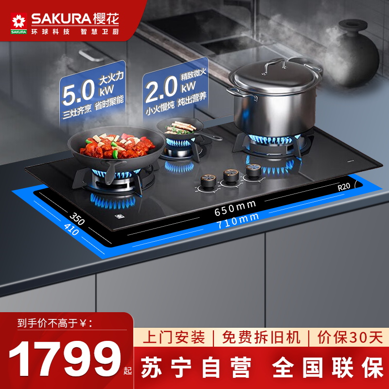 樱花(SAKURA)燃气灶JZY-N601G液化气三眼灶天然气灶煤气灶台家用厨房灶台一级能效嵌入式台式两用灶具
