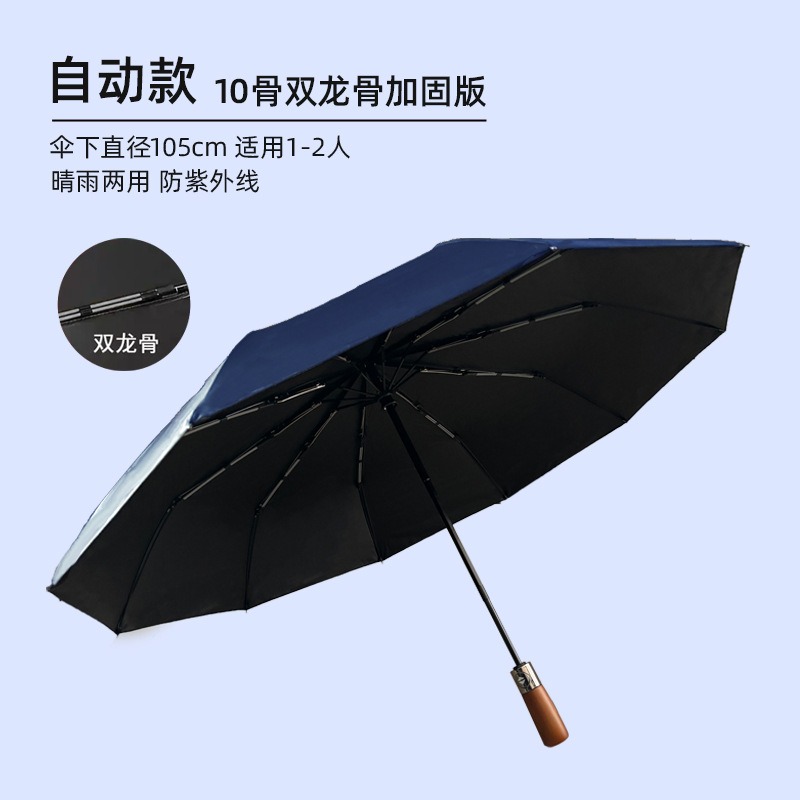 米奇喵加大全自动晴雨两用双龙股实木手柄防紫外线黑胶雨伞实木手柄藏青色20骨