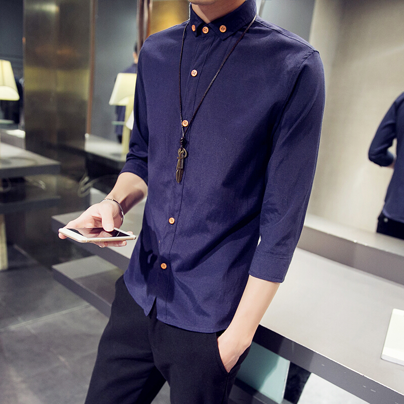 夏季白衬衫短袖修身男士7七分袖衬衣服中袖韩版潮流男装寸衫学生