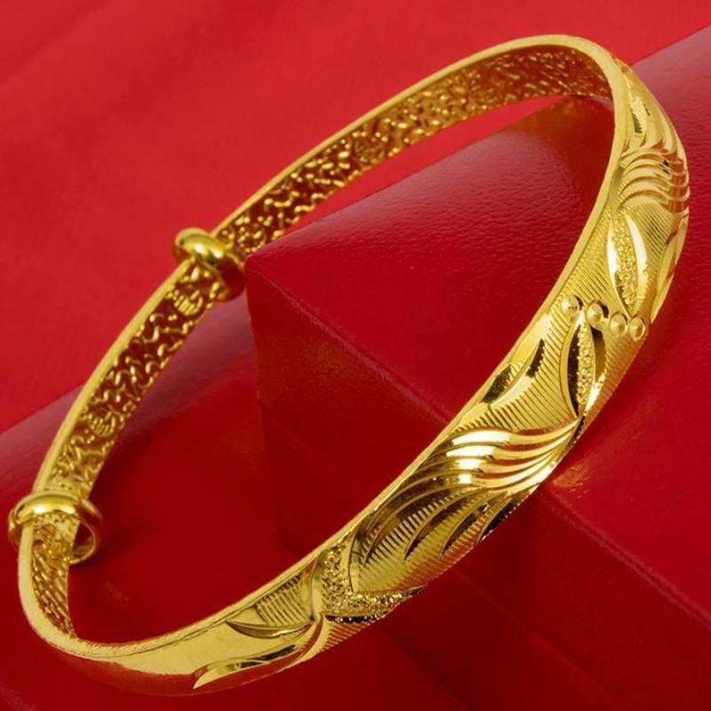 万足真金手镯女可调节实心幸福满天星金手镯24k龙凤金手镯宽满天星