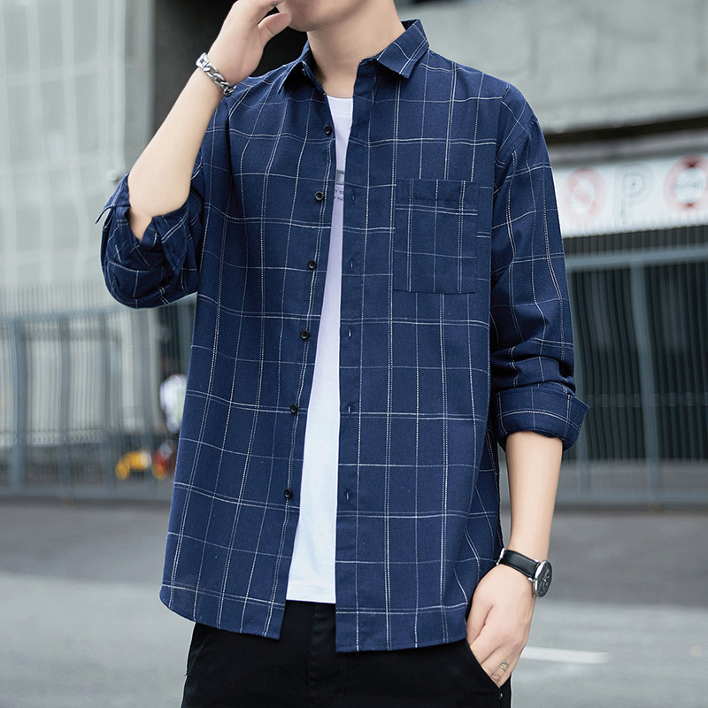 狮臣shichen休闲衬衣男士衬衫韩版潮流磨毛格子西装衬衫时尚百搭长袖