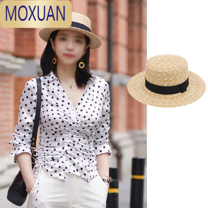 MOXUAN三木博主同款贝雷帽草帽平顶麦杆女英伦春夏遮阳草编帽三木妈妈呢