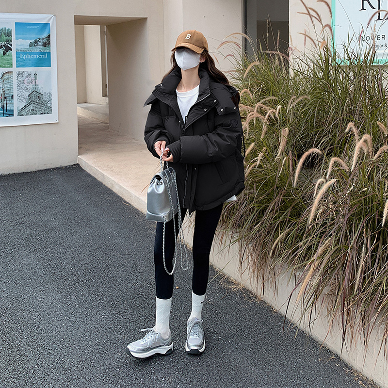 棉衣女2024冬季新款韩版灰色小爱心短款羽绒棉服学生款大码面包服 黑色 S
