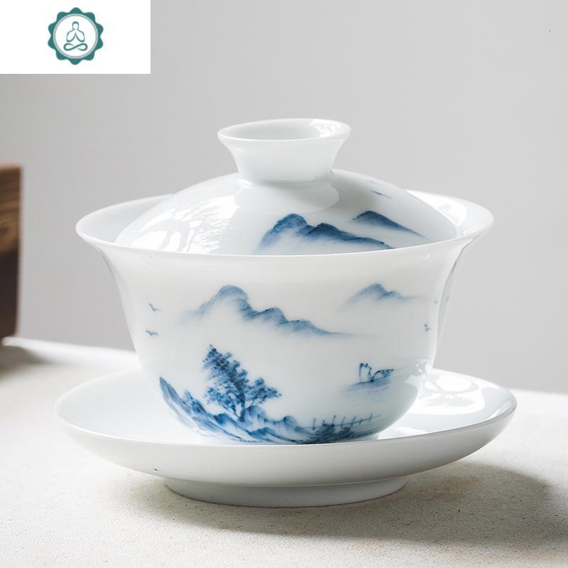 手绘三才盖碗茶杯景德镇白瓷单个青花瓷功夫泡喝敬沏陶瓷茶具中式 封后 兰花款(满杯160)