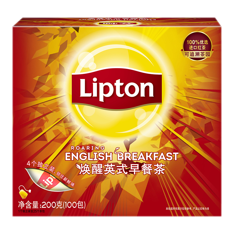 立顿Lipton 红茶 经典焕醒英式早餐茶100包200g 茶叶冲饮袋泡茶包 早餐茶