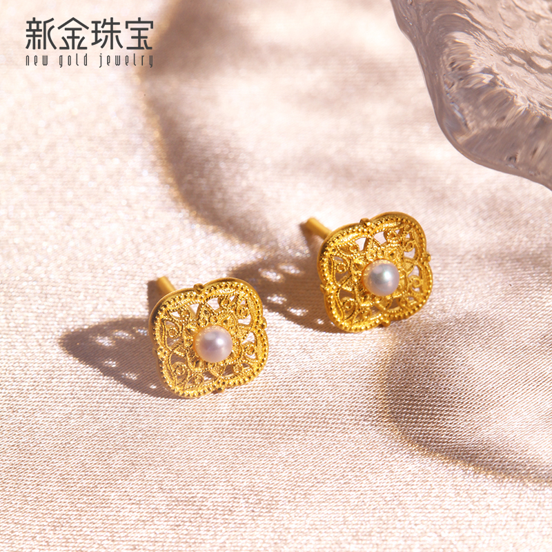 新金珠宝 999足金耳钉花丝雨露系列 黄金耳环如意珍珠耳坠1042