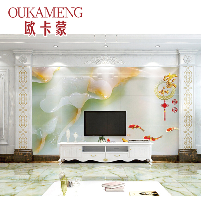 欧卡蒙OUKAMENG瓷砖背景墙3d玉雕荷花电视墙仿玉石微晶石影视墙装饰造型客厅雕刻艺术定制现代中式背景墙砖 家和富贵