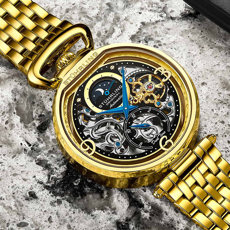stuhrling施图灵男士手表modena男士自动上链双时区镂空腕表机械表送