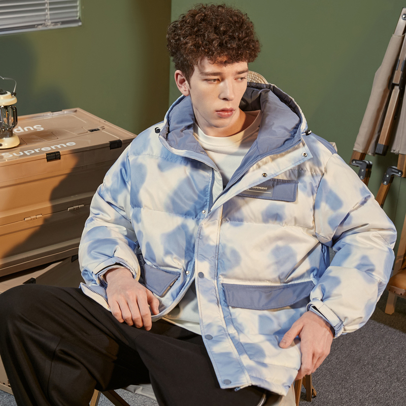 唐狮2023冬季新连帽羽绒服男装潮酷撞色面包服青少年短款加厚外套_034 XL 雾蓝