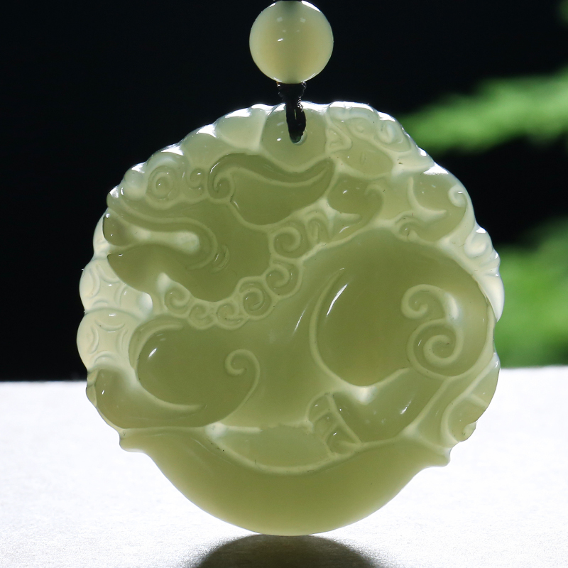 印象眸 和田玉貔貅圆牌吊坠 浅青玉如意元宝貔貅玉石挂坠项坠 附送证书