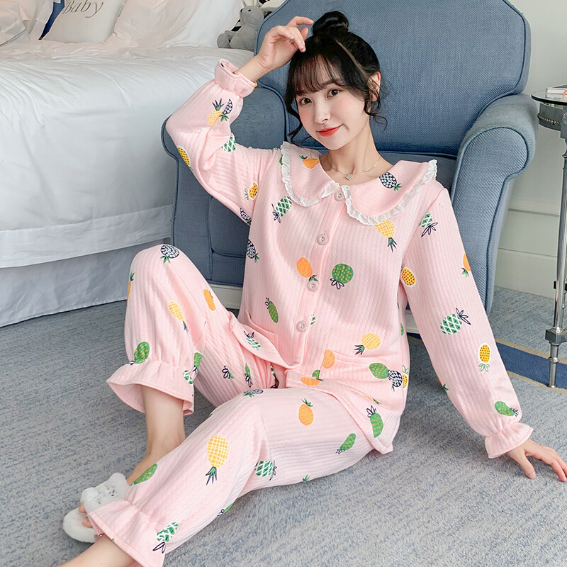 波迷娜(BOMINA)大码睡衣女200斤款季2021新款加厚夹层长袖睡衣女学院风可爱宽松服两件套装