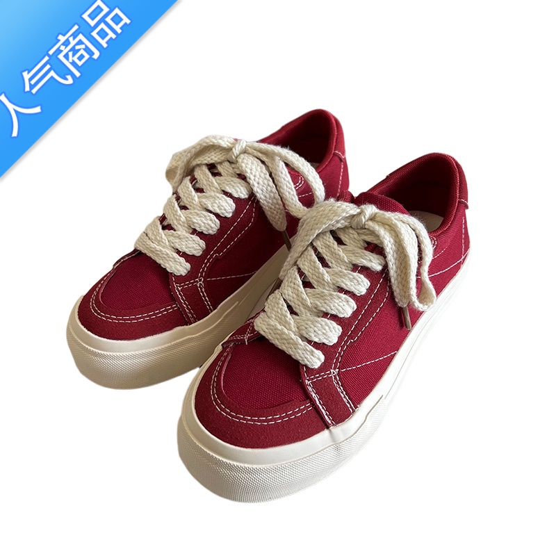 SUNTEK卷毛高 红色厚底帆布鞋女2023新款夏季百搭板鞋子学生潮小众设计高清大图