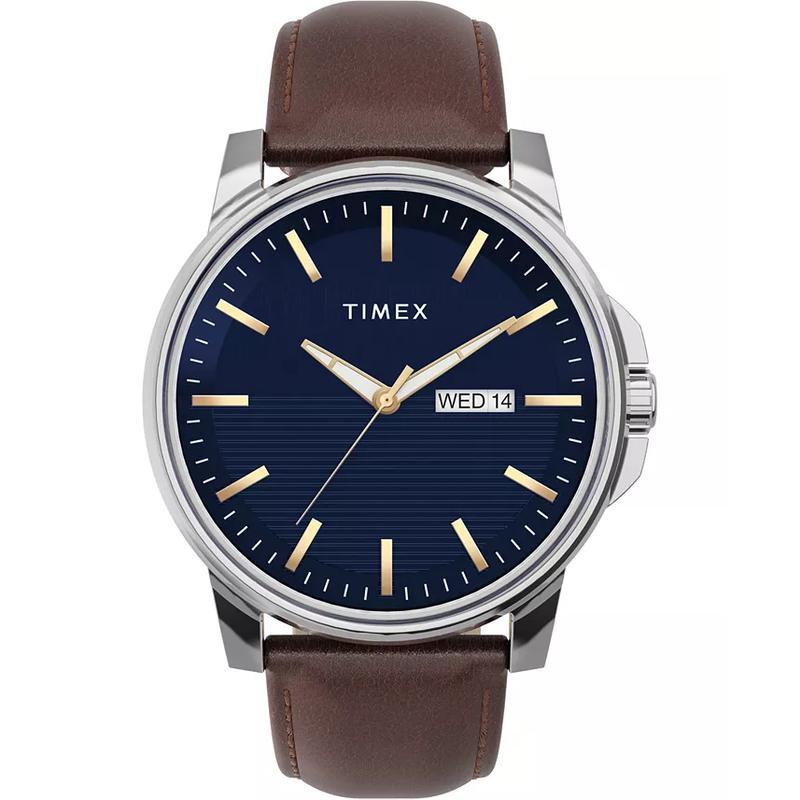 天美时(Timex)男款石英手表皮质表带商务防水45mm蓝盘真皮腕表