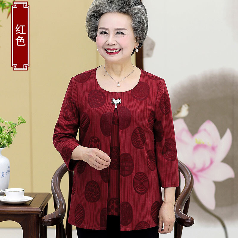 迪鲁奥（DILUAO)轻奢品质中老年人女装秋装假两件上衣奶奶装春秋开衫6070婆婆妈妈衣服小衫_827_44 红色上衣 XL建议105-115斤左右详情咨询客服