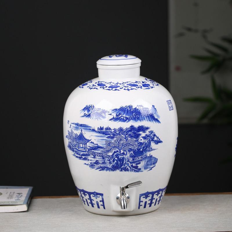 YICHENG陶瓷青花酒坛10斤20斤50斤景德镇酒缸复古酒瓶 坛装酒泡酒壶酒罐 10斤青花八仙有孔带塑料龙头酒具
