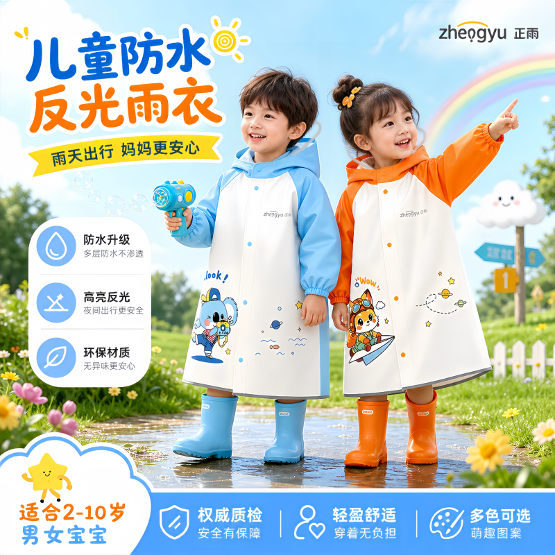 正雨儿童雨衣小学生2026新款防暴雨宝宝女孩女童带书包位雨披9063高清大图