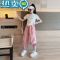 绿彩虹光女童短袖套装2023夏款网红儿童短款上衣两件套夏装女大童炸街潮服