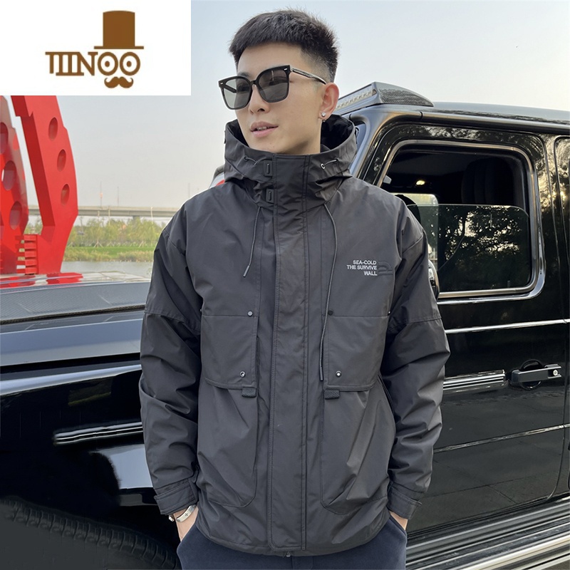 YANXU加厚刺绣连帽上衣网红同款冲锋衣外套潮流男百搭韩版宽松夹U高清大图