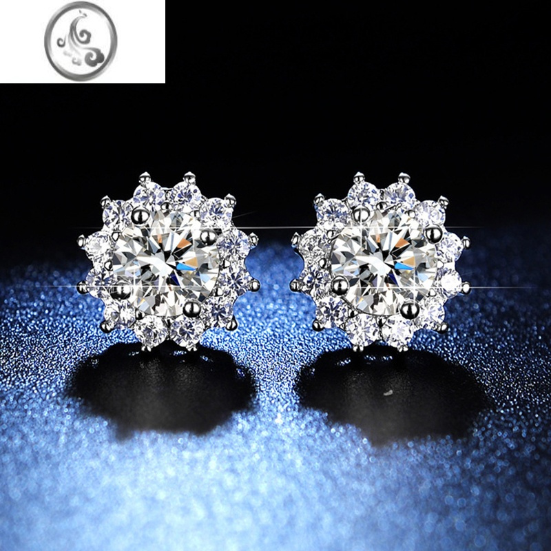 jimi莫桑钻耳钉女925银银1克拉宝石仿真雪花耳环轻奢六爪简约耳饰礼物