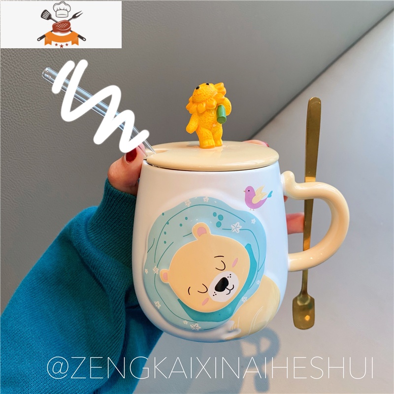 可爱卡通早餐陶瓷杯少女心学生牛奶水杯子带盖勺创意办公室马克杯 敬平高清大图